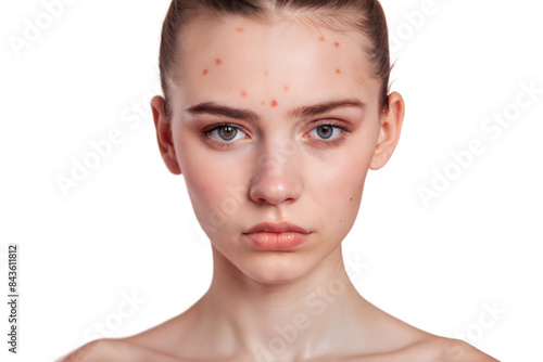 closed up of beautiful girl depressed for acne on her forehead and studio shoot, gray background