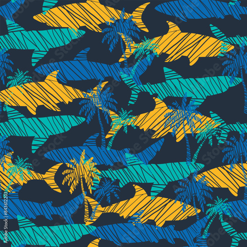 Seamless pattern with colorful sharks on a blue background. The sea prater with cartoon and abstract sharks. For boys and girls, textiles, fabrics, wrapping paper, web, clothes