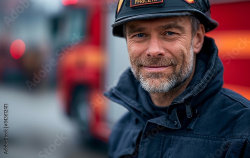 A Firefighter male wearing firefighter gear, standing in front of a fire truck, smiling and looking into the camera