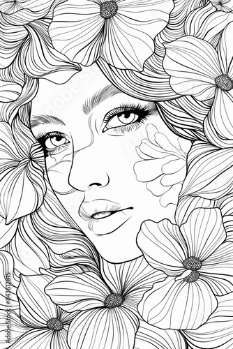 Coloring Book Page with Flowers and a womans face