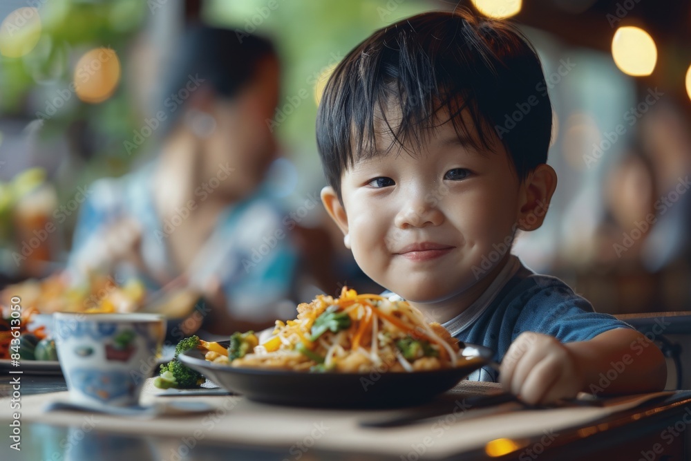 Little boy is enjoying his stir fry dinner and socializing with his family at home Little boy is enjoying his stir fry dinner and socializing with his family at home