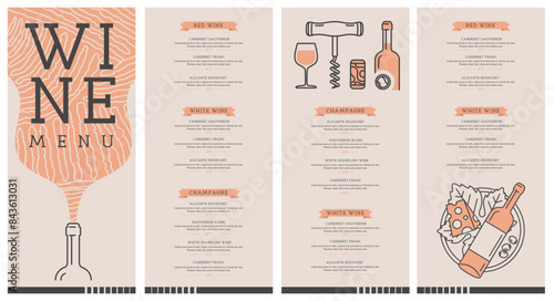 Restaurant wine menu design with bottle, glass, corkscrew and cork. Line art modern vector illustration