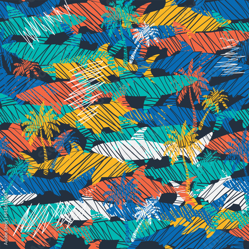 Seamless pattern with colorful sharks on a blue background. The sea prater with cartoon and abstract sharks. For boys and girls, textiles, fabrics, wrapping paper, web, clothes
