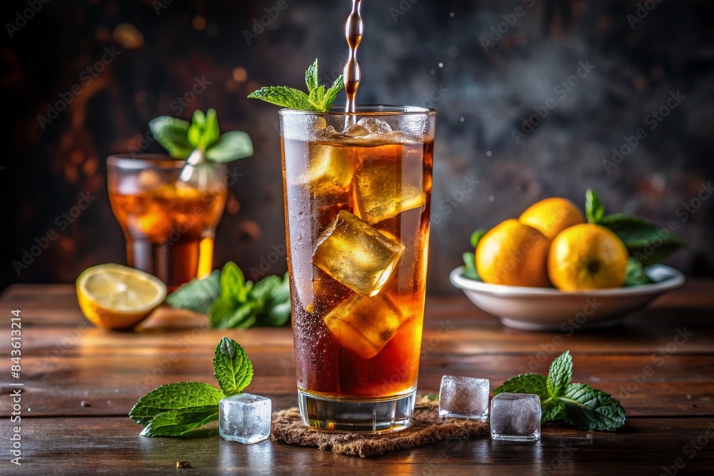 Tasty ice tea being a tall glass with ice cubes Tasty ice tea being a tall glass with ice cubes