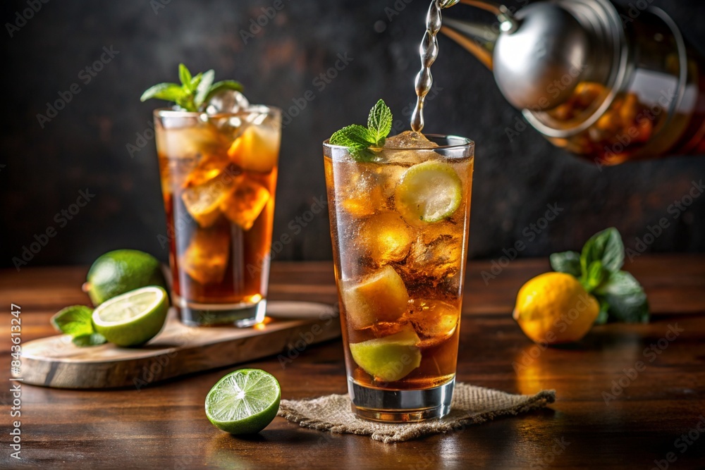 Tasty ice tea being a tall glass with ice cubes