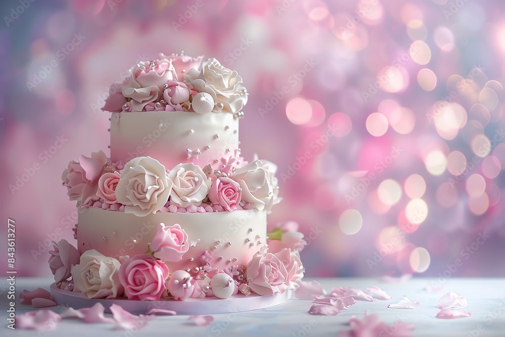 A beautiful two-tiered cake decorated with pink and white roses, pearls, and sprinkles against a bokeh background. A beautiful two-tiered cake decorated with pink and white roses, pearls, and sprinkles against a bokeh background.