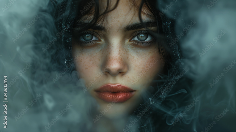 Beautiful young girl in a black hood in the smoke. Close-up portrait. Beautiful young girl in a black hood in the smoke. Close-up portrait.