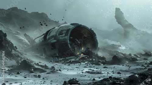 Crashed Alien Spacecraft Debris Field with Glowing Extraterrestrial Technology in Ominous Atmosphere