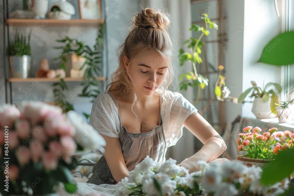 Young woman decorating bedroom with beautiful flowers at home Young woman decorating bedroom with beautiful flowers at home