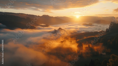 Scenic view of fog covered valley with mountains and hills at sunset