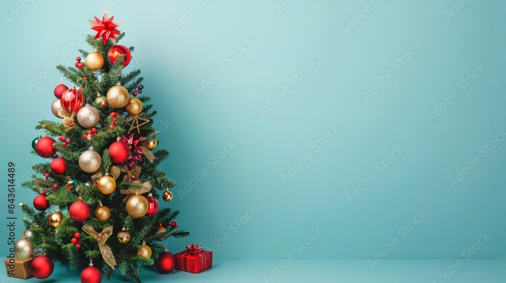 Decorated Christmas Tree with Red and Gold Ornaments on Blue Background, Concept of Holiday Decor, Festive Celebration, New Year. Copy space Decorated Christmas Tree with Red and Gold Ornaments on Blue Background, Concept of Holiday Decor, Festive Celebration, New Year. Copy space