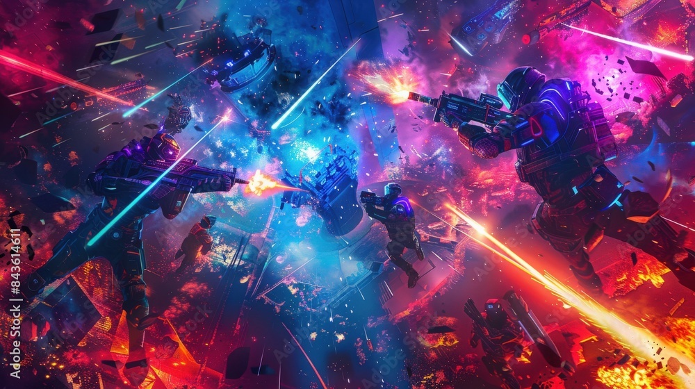 An action-packed poster for an upcoming laser tag tournament featuring intense battle scenes, vivid colors, and cutting-edge design elements. copy space , venue details, and promotional information An action-packed poster for an upcoming laser tag tournament featuring intense battle scenes, vivid colors, and cutting-edge design elements. copy space , venue details, and promotional information