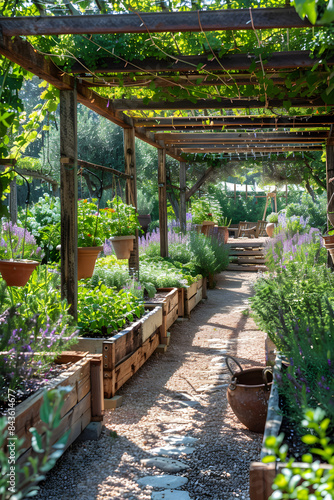Picturesque Herb Garden with Raised Wooden Beds, Stone Pathway, and Trellised Grape Vines Overhead Casting Dappled Shadows © Saran