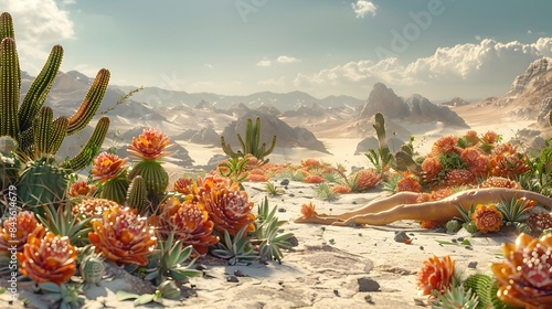 Extraterrestrial Desert Landscape with Bizarre Succulents and Pulsating Plant Life photo
