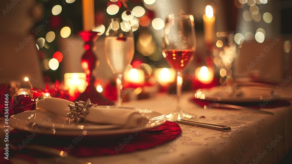 Festive dinner setup with wine glasses and Christmas decor. Concept of holiday celebration, fine dining, seasonal decoration Festive dinner setup with wine glasses and Christmas decor. Concept of holiday celebration, fine dining, seasonal decoration
