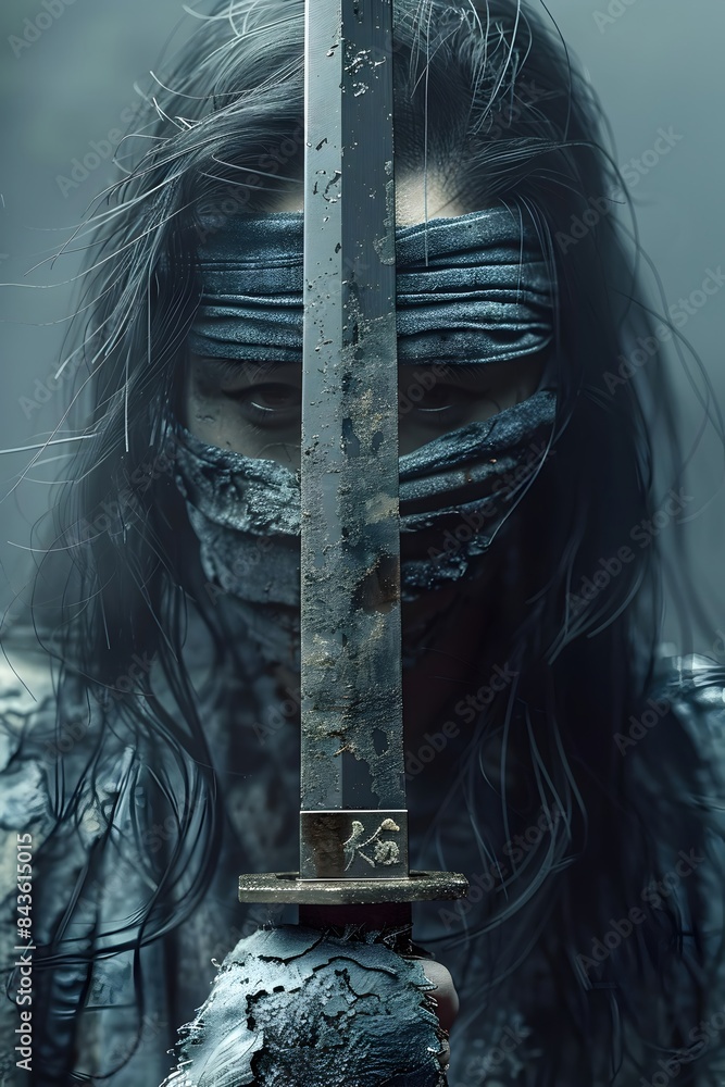 Obraz premium Haunting Yurei Ghost Clutching Cursed Katana Piercing Soulless Gaze in Ethereal Haze