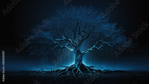 Blue energy roots imbued with energy, abstract background illustration of a tree in the dark photo
