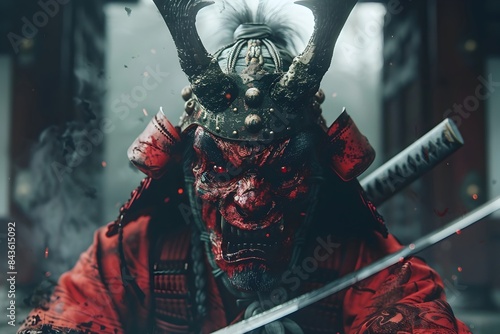 Horrifying Malevolent Japanese Demon Wielding a Cursed Katana with Malicious Predatory Scowl and Tangible Aura of Evil