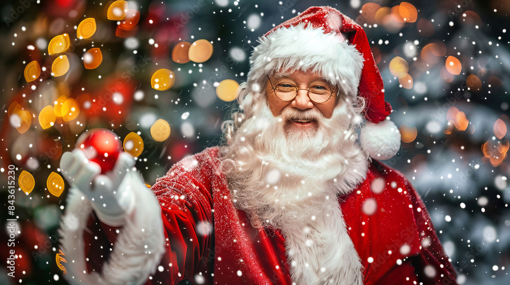 Smiling Santa Claus in festive outfit with snowy backdrop. Concept of Christmas spirit, holiday season, cheerful celebration Smiling Santa Claus in festive outfit with snowy backdrop. Concept of Christmas spirit, holiday season, cheerful celebration
