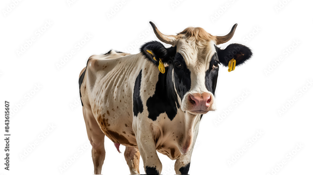 A white cow with black spots with an ear tag stands in front of a transparent background. A white cow with black spots with an ear tag stands in front of a transparent background.