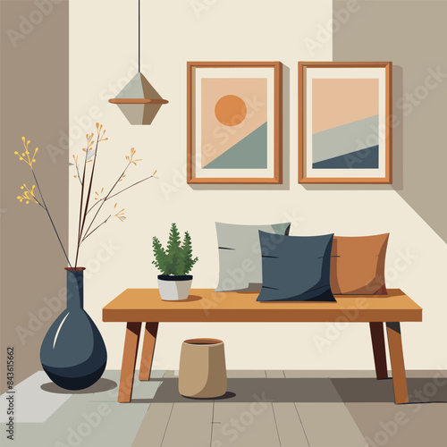 A wooden bench with rustic vases and pillows against the wall framed art prints