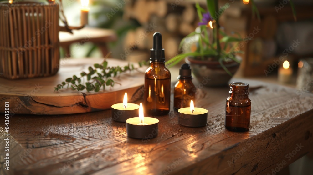 Tranquil Display of Essential Oils and Candles in a Serene Setting - Enhancing Relaxation and Well-being