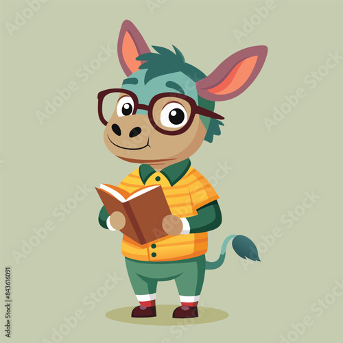 Adorable cubby Donkey with glasses and casual outfit, holding a book, whole body view vector illustration