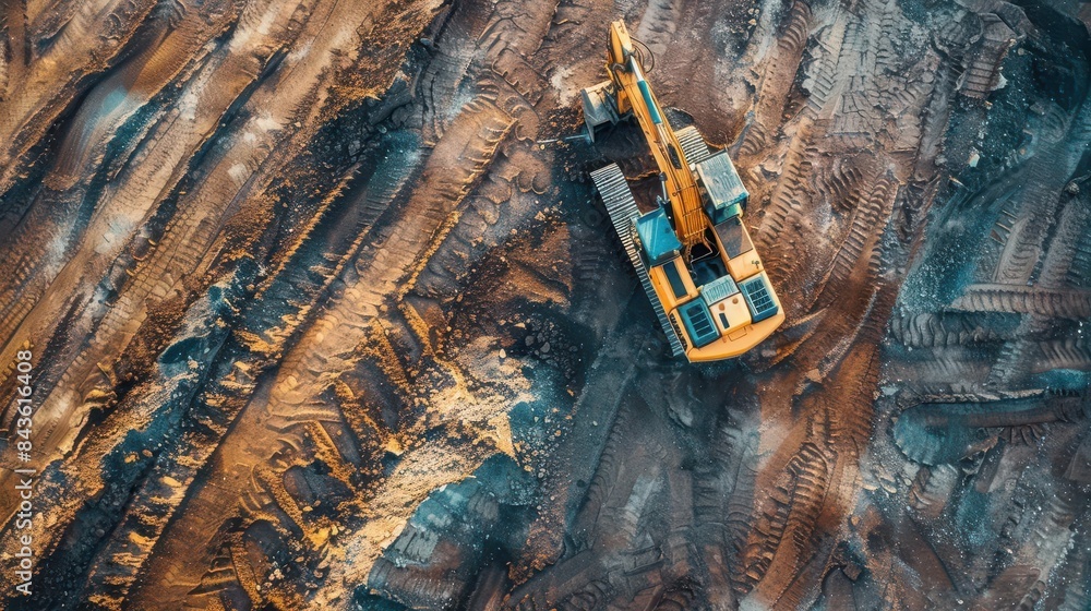 aerial view of excavator on pipeladen construction site industrial background aerial view of excavator on pipeladen construction site industrial background