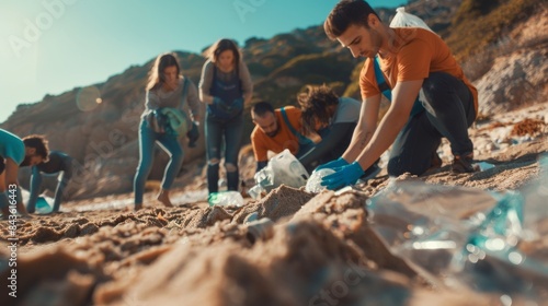 Eco-Friendly Volunteers Cleaning Beaches from Plastic Debris photo