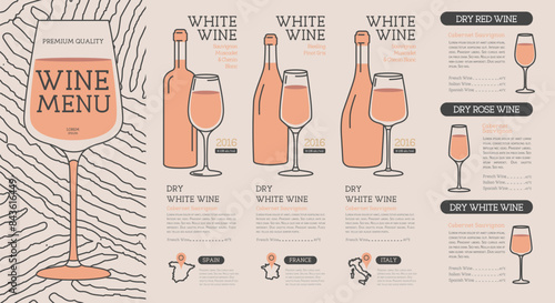 Restaurant wine menu design with bottles, glasses and wine abstract texture. Line art modern vector illustration
