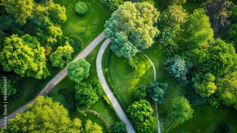 aerial view of lush green park with winding pathway idyllic summer nature landscape aerial view of lush green park with winding pathway idyllic summer nature landscape