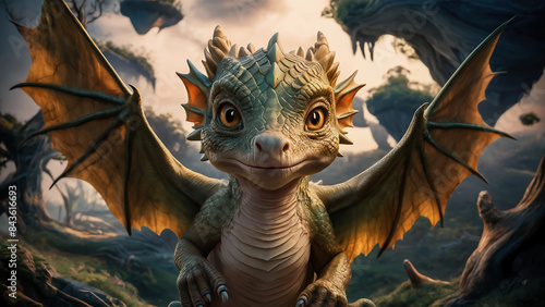 An exquisite 3D render illustration of a mesmerizing baby dragon, captured with astounding detail and lifelike accuracy. 