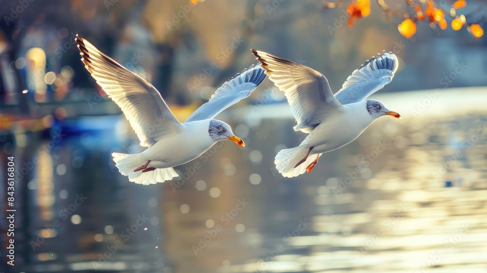 Common gulls soaring over a body of water Common gulls soaring over a body of water