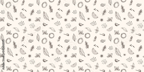 Vector seamless pattern of spices for cooking. Sketch illustration by hand. Background for wrapping paper products. Onion rings, garlic cloves, lemon, cloves, anise, basil, saffron, bay leaf.