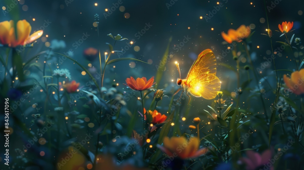 In a garden of uniform flowers, a single luminescent firefly flits about, its glow illuminating the night with sparks of creativity and imagination, symbolizing the power of standing out 