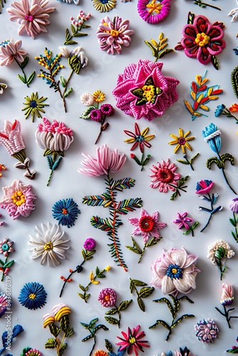 Embroidered flowers, lots of small flowers and leaves made entirely of thread, illustration made with Generative Ai
