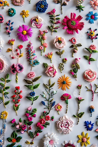 Embroidered flowers, lots of small flowers and leaves made entirely of thread, illustration made with Generative Ai