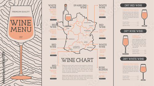 Restaurant wine menu design with bottles, glasses and wine abstract texture. Line art modern vector illustration