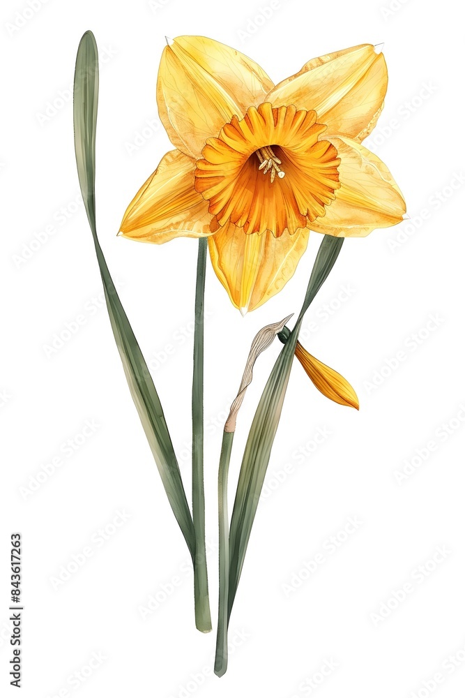 Vibrant Digital of a Daffodil Flower with Trumpet-Shaped Petals and Verdant Stem Vibrant Digital of a Daffodil Flower with Trumpet-Shaped Petals and Verdant Stem