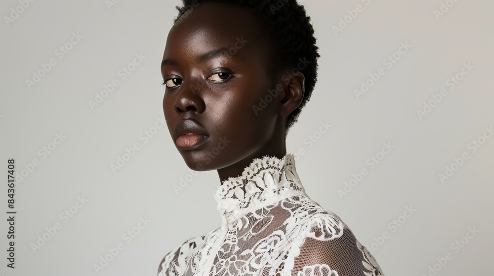 dark-skinned woman in delicate lace clothes on a white background.
