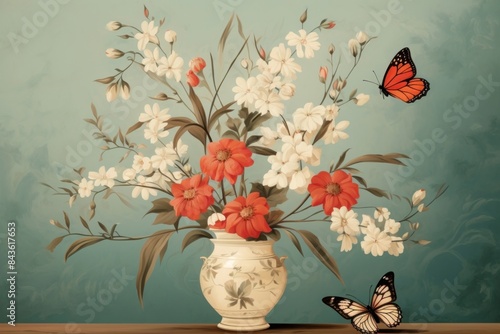 Illustration of Vermeer butterfly and flowers in a vase painting art pattern. photo