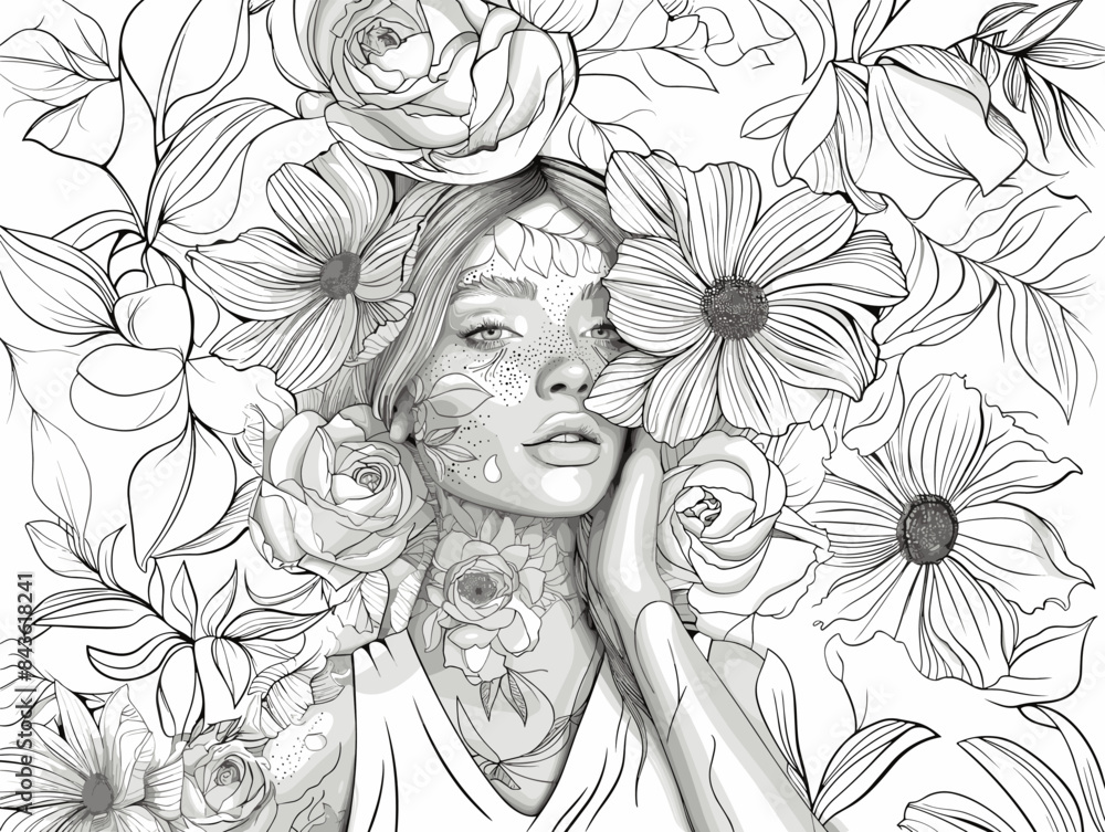 Fototapeta premium Coloring Book Page with Flowers and a womans face