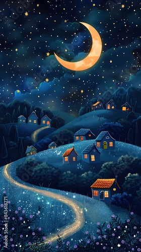 Wallpaper Mural Whimsical Moonlit Village Bathed in Starry Night Sky and Crescent Moon Glow Torontodigital.ca