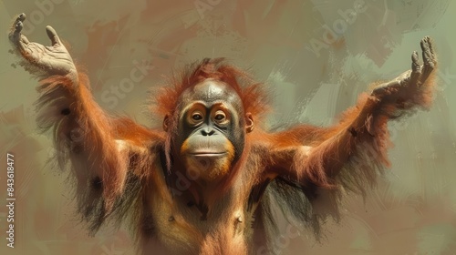 cheerful orangutan extending warm welcome friendly primate portrait illustration digital painting photo