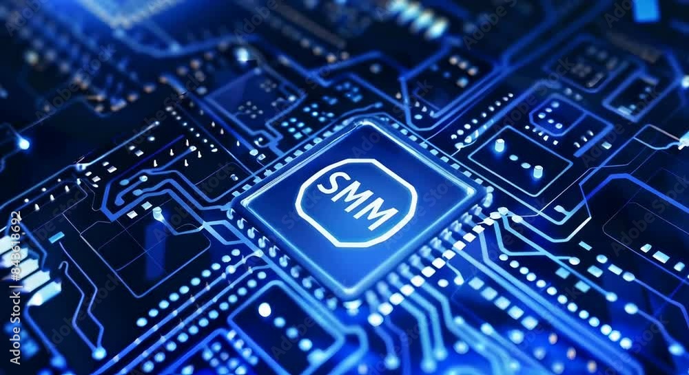 A blue digital text SMM on circuit board background A blue digital text SMM on circuit board background