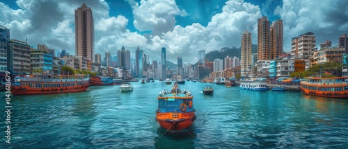 photo of a city harbor with boats and highrise buildings, clear and vibrant