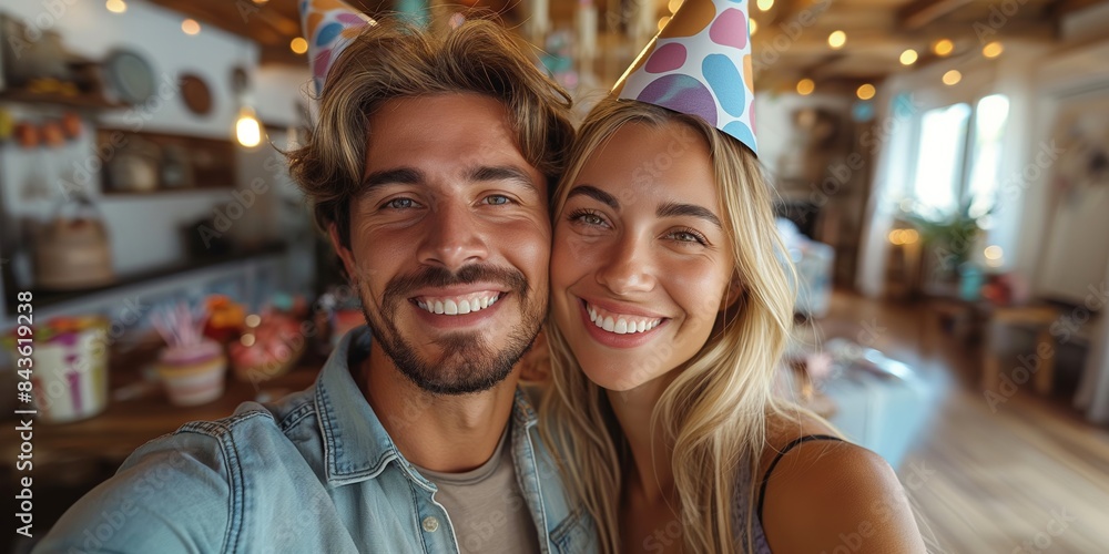 A joyful couple celebrating a birthday at a restaurant, smiling and holding decorations. A joyful couple celebrating a birthday at a restaurant, smiling and holding decorations.