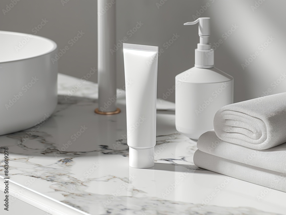 Close-up of a blank white cosmetic tube mockup on a marble vanity Close-up of a blank white cosmetic tube mockup on a marble vanity