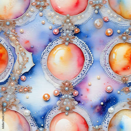Seamless pattern in watercolor style depicting vintage jewelry with pearls and lace.