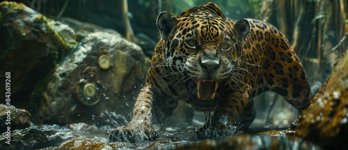 A closeup of a roaring jaguar with melting clocks on rocks and trees behind © Starkreal